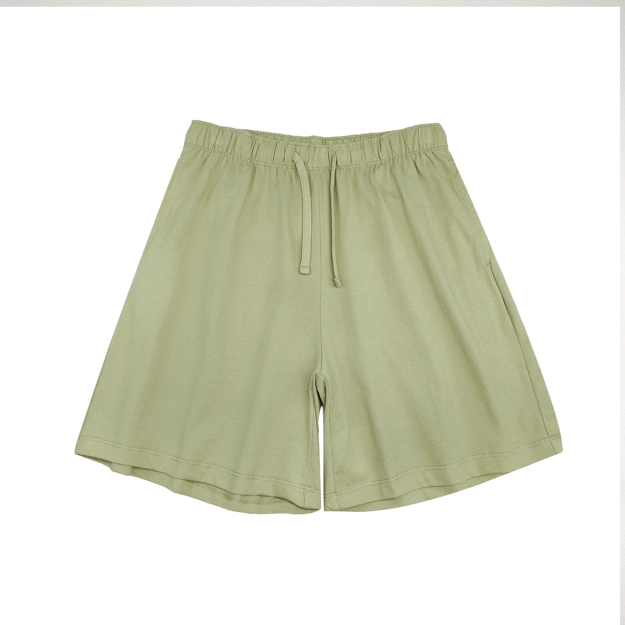 Light green cotton-linen shorts for women, loose fit with elastic waistband and side pockets